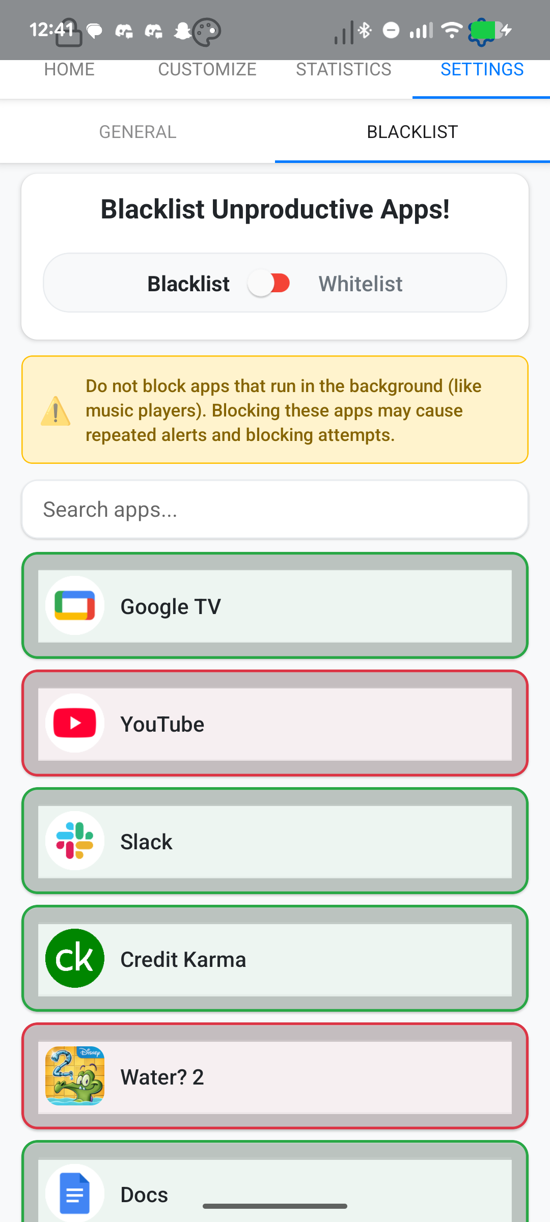 Blacklist mode - block unproductive apps
