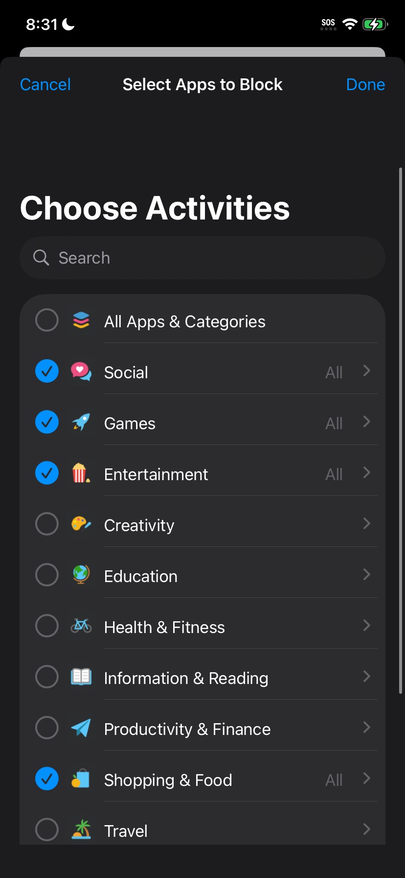 Select apps to block by category